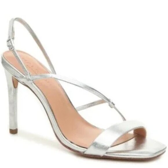 Halston Heritage Silver Strappy Heels Size 8 Metallic Slingback Sandal Worn Once - Picture 1 of 9